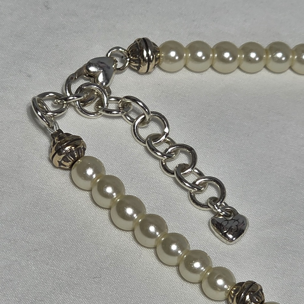 Brighton Floral Cross Pearl Necklace 18" Silver Tone Cream Beaded Retired - Picture 6 of 8